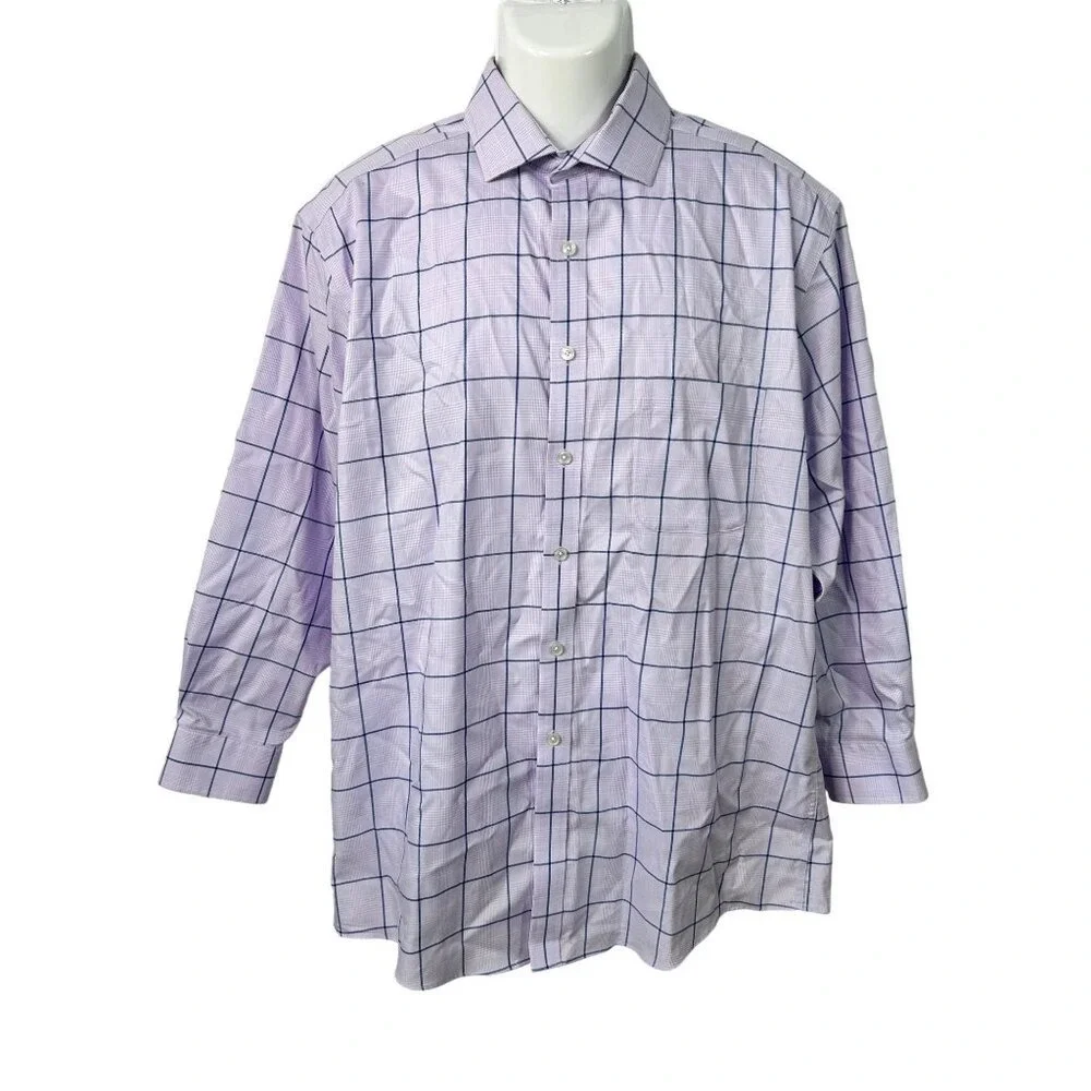 Tasso Elba Purple Navy‎ Plaid Button Up Shirt Men's 16-16.5 Large